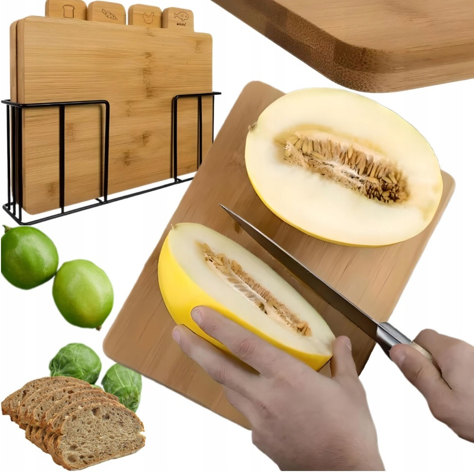 Набор бамбуковых разделочных досок 4 шт. Ruhhy 19338 с подставкой, для мяса, рыбы, овощей и хлеба